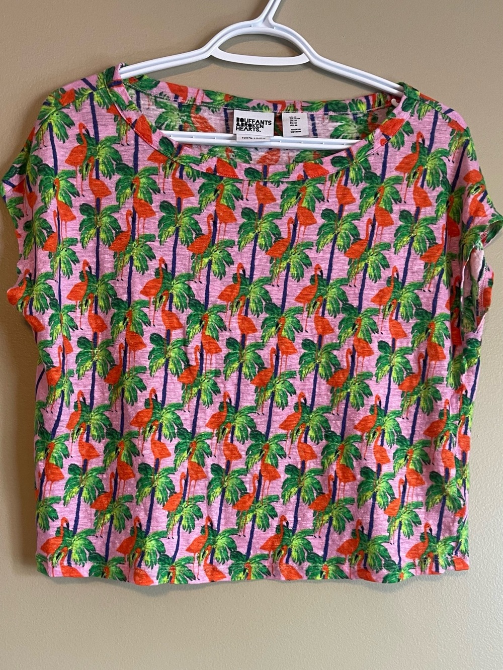 Bouffants & Broken Hearts. 100% Linen Boxy Tropical Flamingo Tee